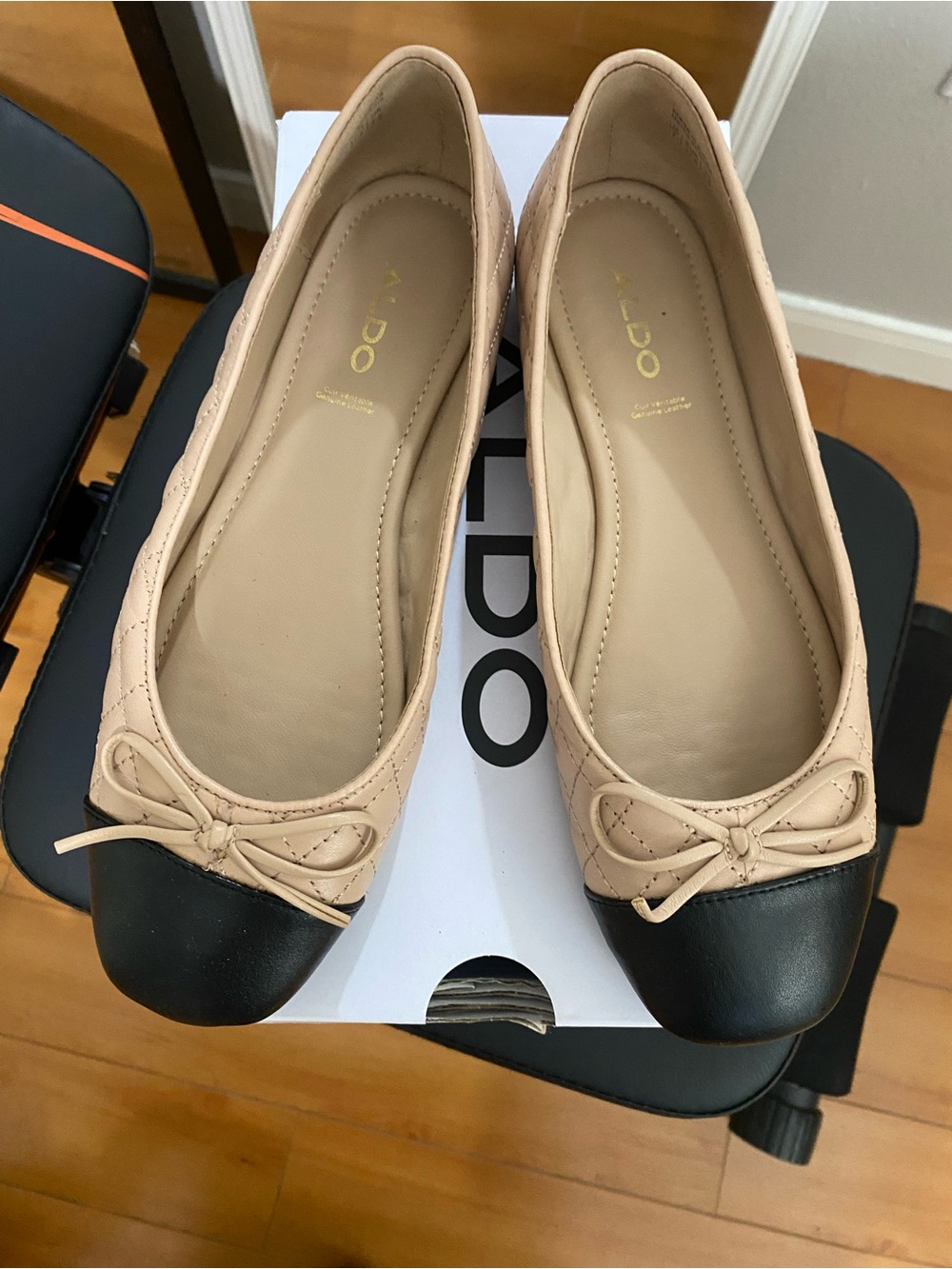 ALDO Beige Quilted Ballet Flats with Black Cap Toe